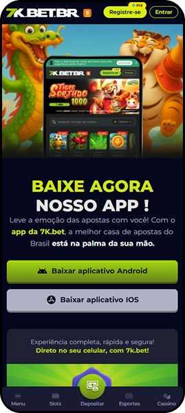 Site da Bet7k com botões para baixar o aplicativo na versão Android e adicionar na tela inicial do iOS