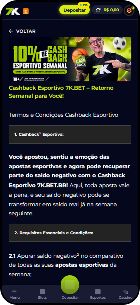 Cashback esportivo da Bet7K mostrando como recuperar parte do saldo negativo das apostas esportivas na semana seguinte.