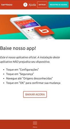Tela do site da casa de apostas Betboo apresentando o aplicativo oficial. Um celular exibe a interface do app com um botão laranja 'Baixar Agora'