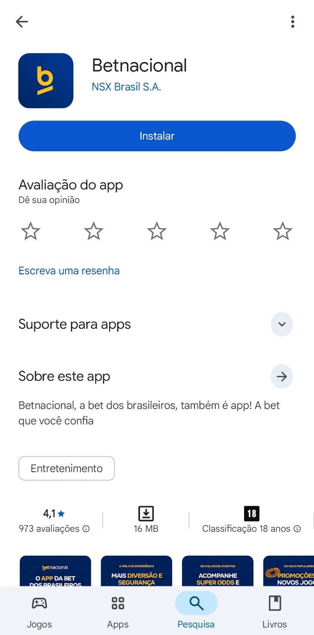 Betnacional aplicativo disponível na Play Store