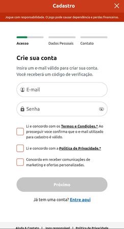 Tela de cadastro da Betboo. Usuários devem inserir e-mail e senha, aceitar os Termos e Condições e a Política de Privacidade