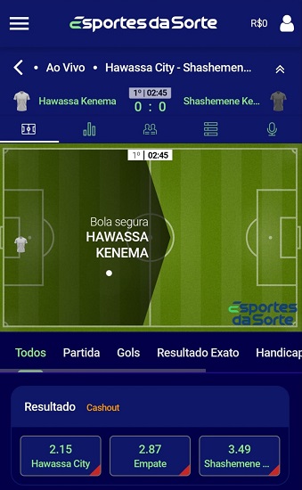 Painel animado com eventos ao vivo na Esportes da Sorte