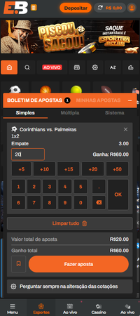 Tela de aposta da Esportiva Bet exibindo o boletim com uma aposta no empate entre Corinthians e Palmeiras. A aposta de R$20,00 mostra possível ganho de R$60,00. Botão 'Fazer aposta' aparece destacado em laranja