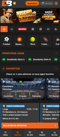 Página inicial da Esportiva Bet com destaque para apostas esportivas. Exibe mercados ao vivo, partidas em destaque como Corinthians x Palmeiras