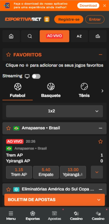 Mercados de apostas ao vivo na Esportiva Bet