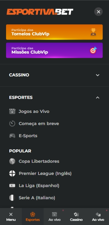 Menu de competição esportivas na Esportiva Bet
