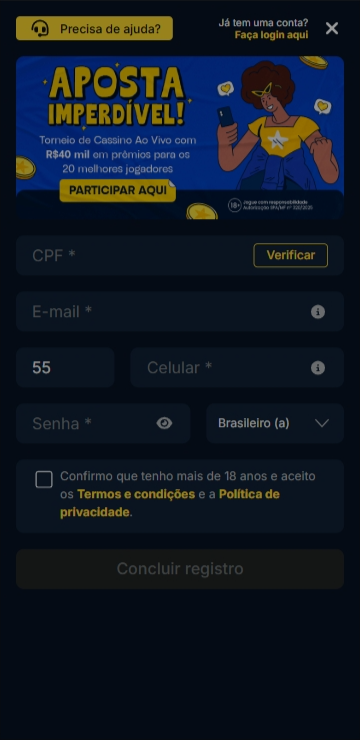 Formulário de cadastro Estrela Bet