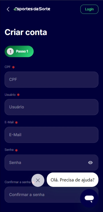 Formulário de cadastro na Esportes da Sorte