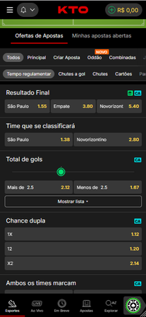 Tela do aplicativo KTO exibindo o mercado de apostas para uma partida de futebol. A interface apresenta diversas opções, incluindo resultado final, time que se classificará, total de gols, chance dupla e ambos os times marcam