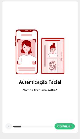 Tela de autenticação facial na KTO para verificação de conta. Ilustração de um celular exibindo uma selfie e um documento de identidade ao lado. Texto 'Autenticação Facial - Vamos tirar uma selfie?' com botão verde de continuar