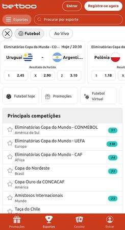 Tela do site da Betboo mostrando mercados de apostas esportivas. Jogos das Eliminatórias da Copa do Mundo, como Uruguai vs. Argentina