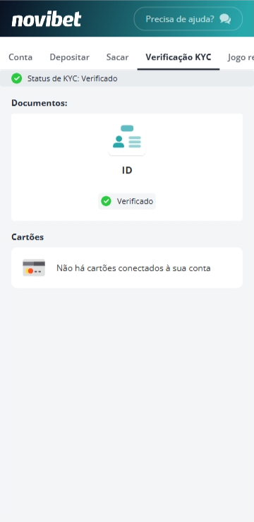 Conta na Novibet com status KYC verificado após envio de documentos