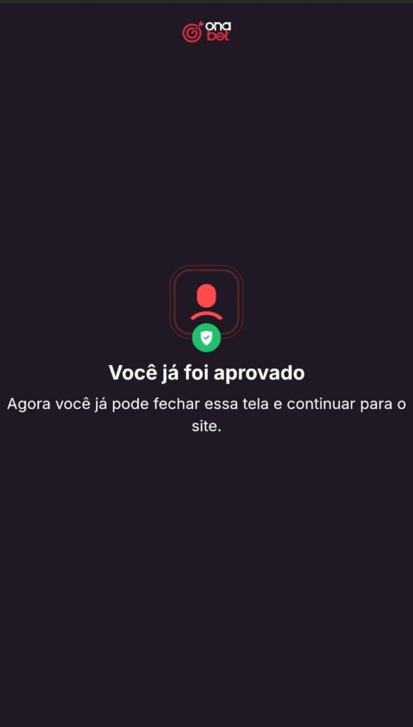 Página de confirmação do processo de KYC do Onabet