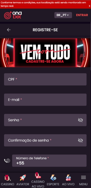 Formulário de cadastro Onabet