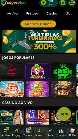 Página de cassino da SeguroBet com jogos populares como Aviator e Sweet Bonanza, além de opções de cassino ao vivo.