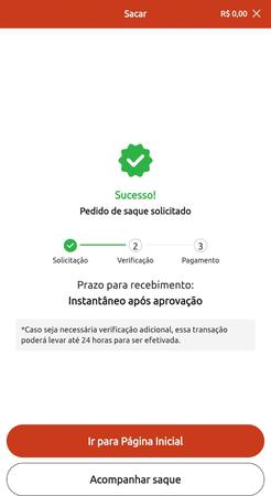 Tela de confirmação de saque via Pix no site da Betboo. A mensagem indica 'Sucesso! Pedido de saque solicitado', com uma barra de progresso mostrando as etapas de solicitação