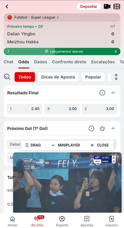 Aposta ao vivo da Superbet em Dalian Yingbo vs Meizhou Hakka com odds para resultado final e opção de transmissão em mini player.