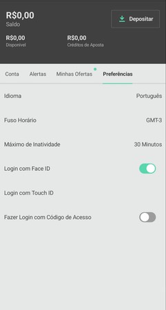 Página de configurações no bet365, exibindo opções de idioma, fuso horário e login com Face ID ou Touch ID