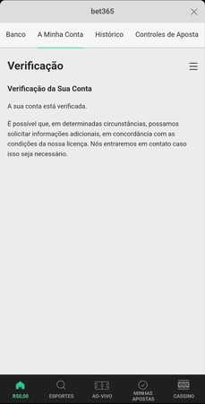 Tela de verificação de conta no bet365, confirmando que a conta do usuário está autenticada e pode requerer informações adicionais.