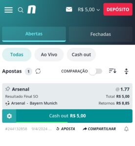 Bilhete de apostas na vitória do Arsenal contra o Bayern Munich com cash out de R$5 disponível na Novibet 