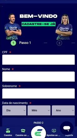 Formulário de cadastro na Esportes da Sorte pedindo CPF, nome e data de nascimento
