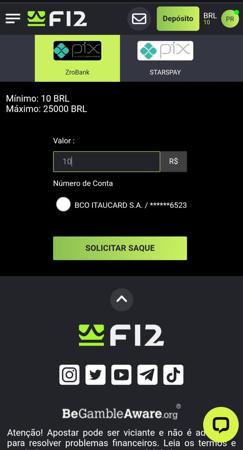 Tela de saque da F12.bet com opção via Pix ZroBank. Mostra valor de R$10 e conta selecionada do Itaú.