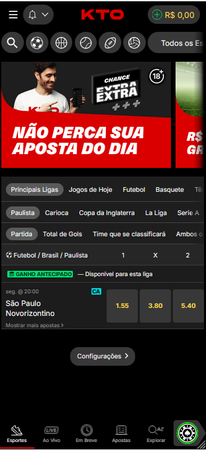 Captura de tela do aplicativo KTO mostrando as opções de apostas esportivas disponíveis. Há categorias como futebol, basquete e tênis, além de ligas populares como Paulista, Carioca, Copa da Inglaterra e La Liga.