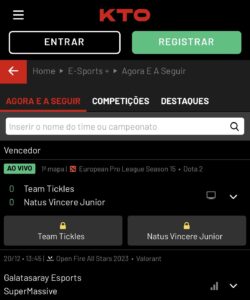 Página de esportes eletrônicos no site da KTO Brasil