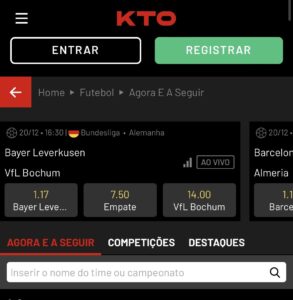 Página de apostas esportivas no site da KTO Brasil