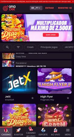 Interface do cassino online OnaBet exibindo um banner do jogo Fortune Dragon com destaque para o multiplicador máximo de 2.500x.