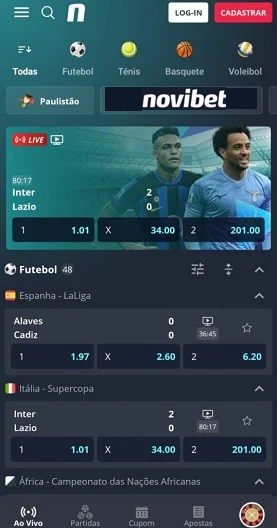 Página principal de esportes da Novibet com partida Inter x Lazio ao vivo
