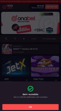 Tela de verificação de e-mail da plataforma OnaBet com confirmação de sucesso em destaque. ​