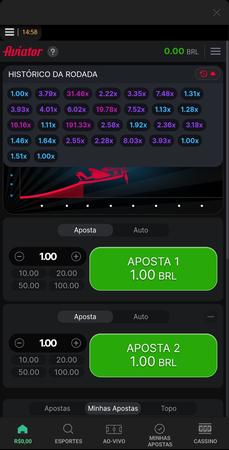 Tela do jogo crash Aviator, mostrando o histórico de rodadas com multiplicadores variados. O saldo do jogador está zerado e há opções de apostas de diferentes valores.