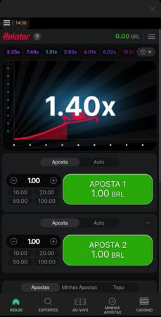 Tela do jogo crash Aviator, com um avião subindo e um multiplicador de 1.40x. O saldo do jogador está zerado e há opções de aposta visíveis na parte inferior da tela.