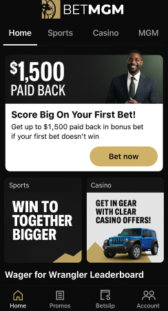 Tela inicial da BetMGM nos EUA com destaque para bônus de até $1.500 na primeira aposta e promoções em esportes e cassino.