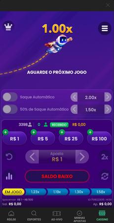 Tela do jogo crash Spaceman, com fundo roxo e um astronauta flutuando. A multiplicação está em 1.00x e o saldo do jogador está zerado.