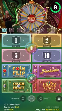 Game show Crazy Time com roda giratória e bônus como Pachinko e Coin Flip