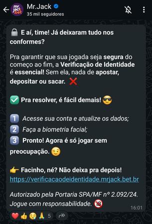 Captura de tela de uma publicação do Mr. Jack no Whatsapp, instruindo os usuários sobre a importância da verificação de identidade para apostas,
