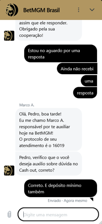 Chat com atendente da BetMGM sobre dúvidas em cash out e depósito mínimo, com respostas do agente Marco A.