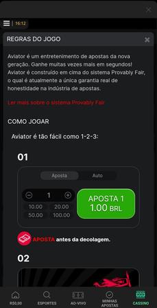 Tela do jogo Aviator, exibindo as regras básicas e explicações sobre o sistema Provably Fair. A tela também apresenta instruções sobre como apostar antes da decolagem do avião para participar da rodada.
