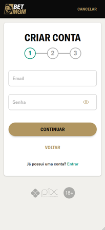 Tela de criação de conta na BetMGM com campos para e-mail e senha, etapa 1 de 3 do cadastro.