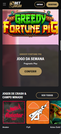 Tela do cassino da BetMGM com destaque para o jogo da semana "Greedy Fortune Pig" e seção de jogos crash como Aviator e FlyX.
