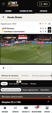 Tela da BetMGM com transmissão ao vivo do jogo FC Emmen vs Cambuur pela Eerste Divisie, com placar parcial de 3 a 0.