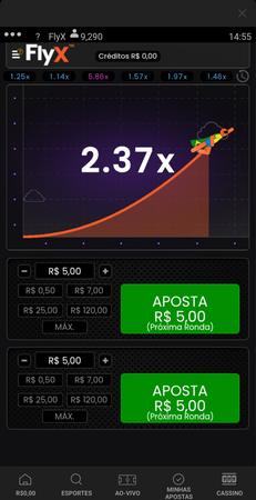 tela do jogo crash FlyX, mostrando um foguete subindo com um multiplicador de 2.37x. A interface exibe créditos zerados, opções de apostas ajustáveis e botões verdes de aposta para a próxima rodada.
