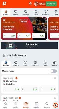 Interface do site de apostas Betano com destaque para jogos do Brasileirão, odds ao vivo e opção de saque rápido via Pix.