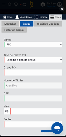 Página de saque por Pix da Betnacional