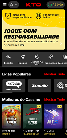 Cassino KTO com aviso de jogo responsável e seção de melhores jogos, incluindo Fortune Tiger, KTO High Flyer e KTO JetX.
