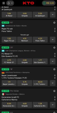 Plataforma da KTO exibindo apostas ao vivo em futebol feminino e masculino, com odds em tempo real e interface intuitiva para saques rápidos.