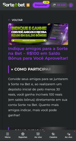 Promoção Indique e ganhe Sorte Na Bet