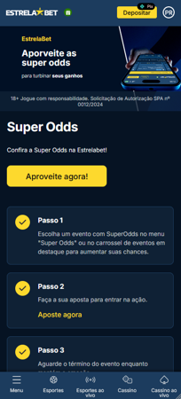 Tela da EstrelaBet com destaque para a promoção "Super Odds", mostrando os passos para aproveitar odds turbinadas em eventos esportivos.